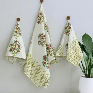 Exquisite handblock booti print in green and maroon on white waffle cotton towel set